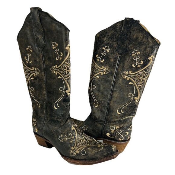 Vintage 90s Western Cowboy Boots Leather Filagree Floral Embroidered Womens 7 - Picture 1 of 12